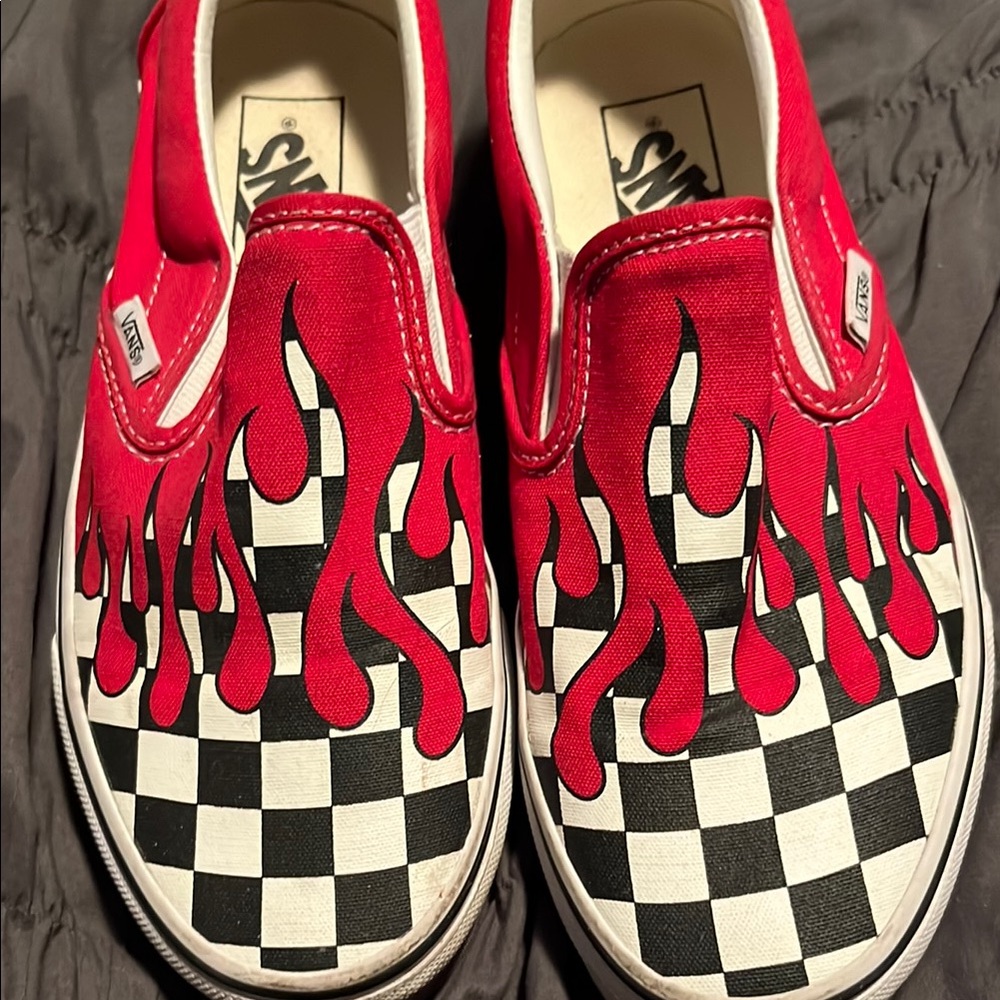 Vans Kids Red Flame Checkered Slip-On Shoes